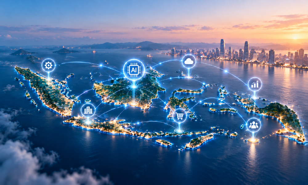 Indonesia's digital AI ecosystem illustrated through interconnected technology networks.