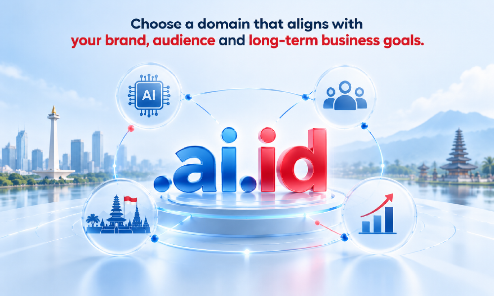 Illustration of key considerations when choosing a .ai.id domain, including AI-focused branding, target audience, Indonesia market relevance and long-term business goals.