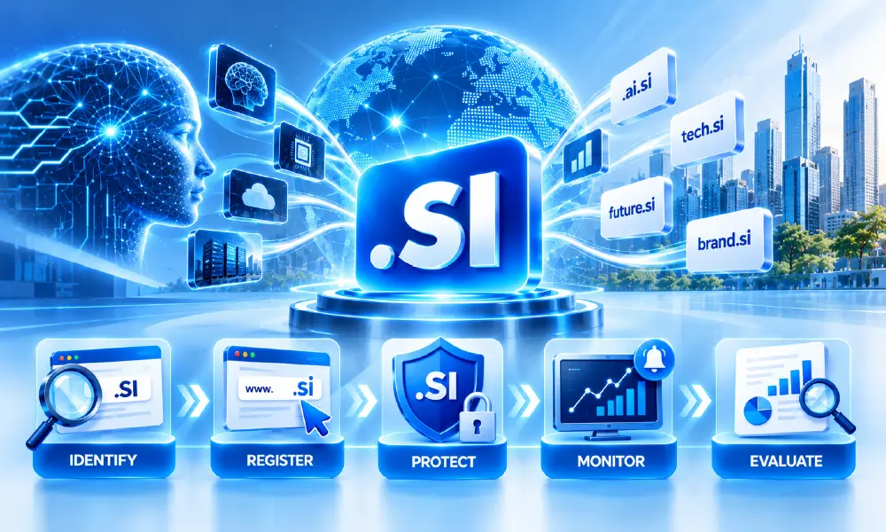 Strategic potential of .SI domains for Super Intelligence, showing the process of identifying, registering, protecting, monitoring and evaluating domain opportunities.