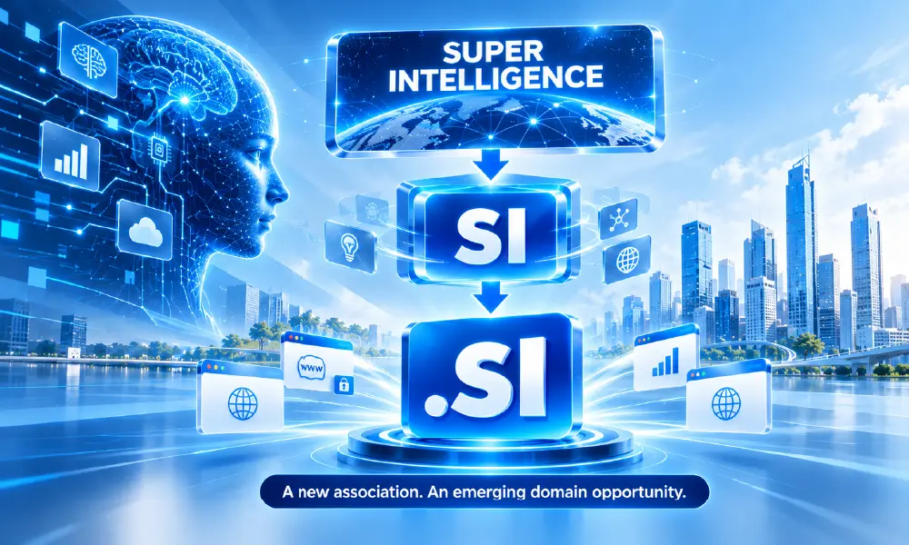Visual progression from Super Intelligence to SI and .SI, highlighting an emerging domain investment opportunity.