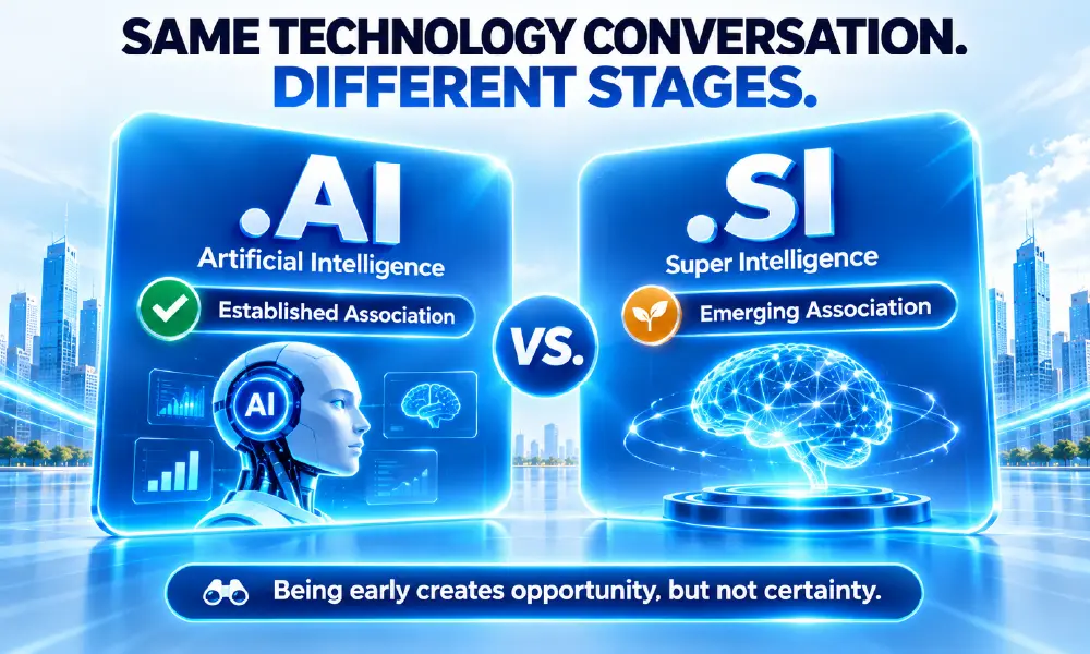 Comparison of .AI and .SI domains, showing Artificial Intelligence as an established association and Super Intelligence as an emerging association.